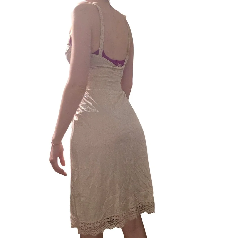 Vintage Lace Trim Full Slip Beige Mid-Length Lingerie Underdress Sleeveless - Picture 3 of 4